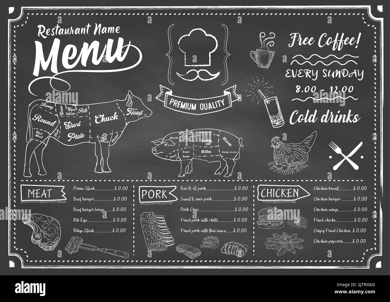 Vintage Butcher shop hand-drawn on a black chalkboard background. Butchery Cow Food Chalk Board Shop. Retro Menu Restaurant poster. Vector. Stock Vector