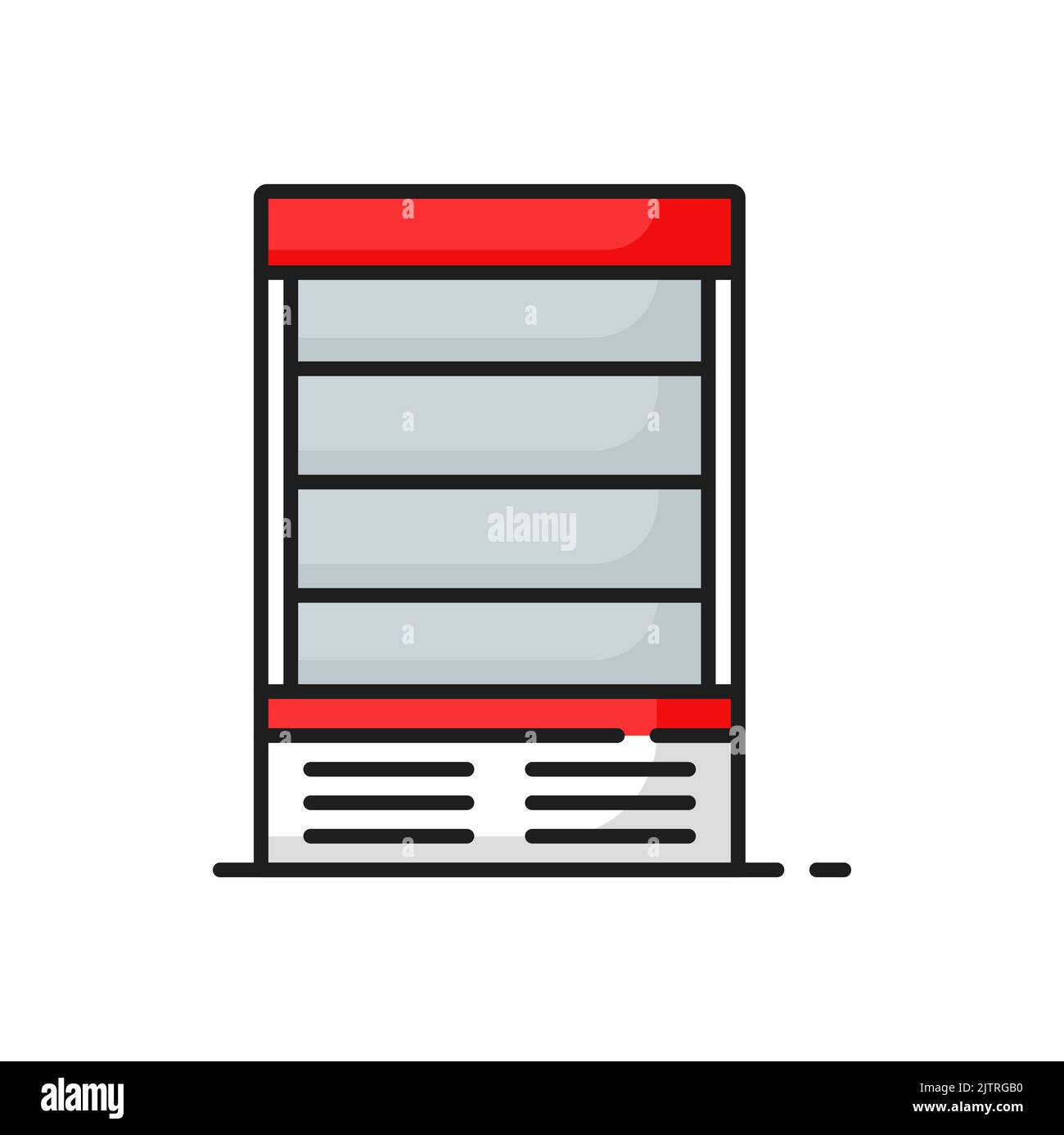 Showcase vertical red freezer with shelves isolated outline icon. Vector fridge showcase with glass door, shop refrigerator. Freeze chest in grocery store, supermarket or cafe, industrial chiller Stock Vector
