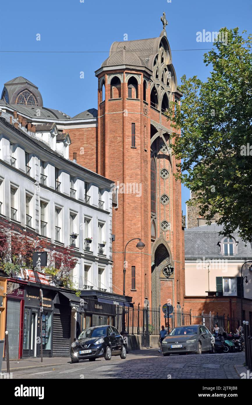 The Church of St Jean de Montmartre, Paris, a very early reinforced concrete church clad externally in red brick, in an eclectic mix of styles. Stock Photo