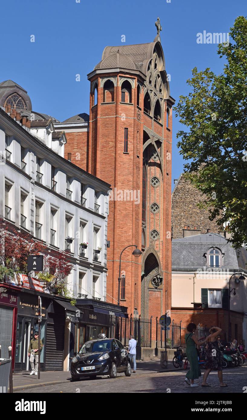 The Church of St Jean de Montmartre, Paris, a very early reinforced concrete church clad externally in red brick, in an eclectic mix of styles. Stock Photo
