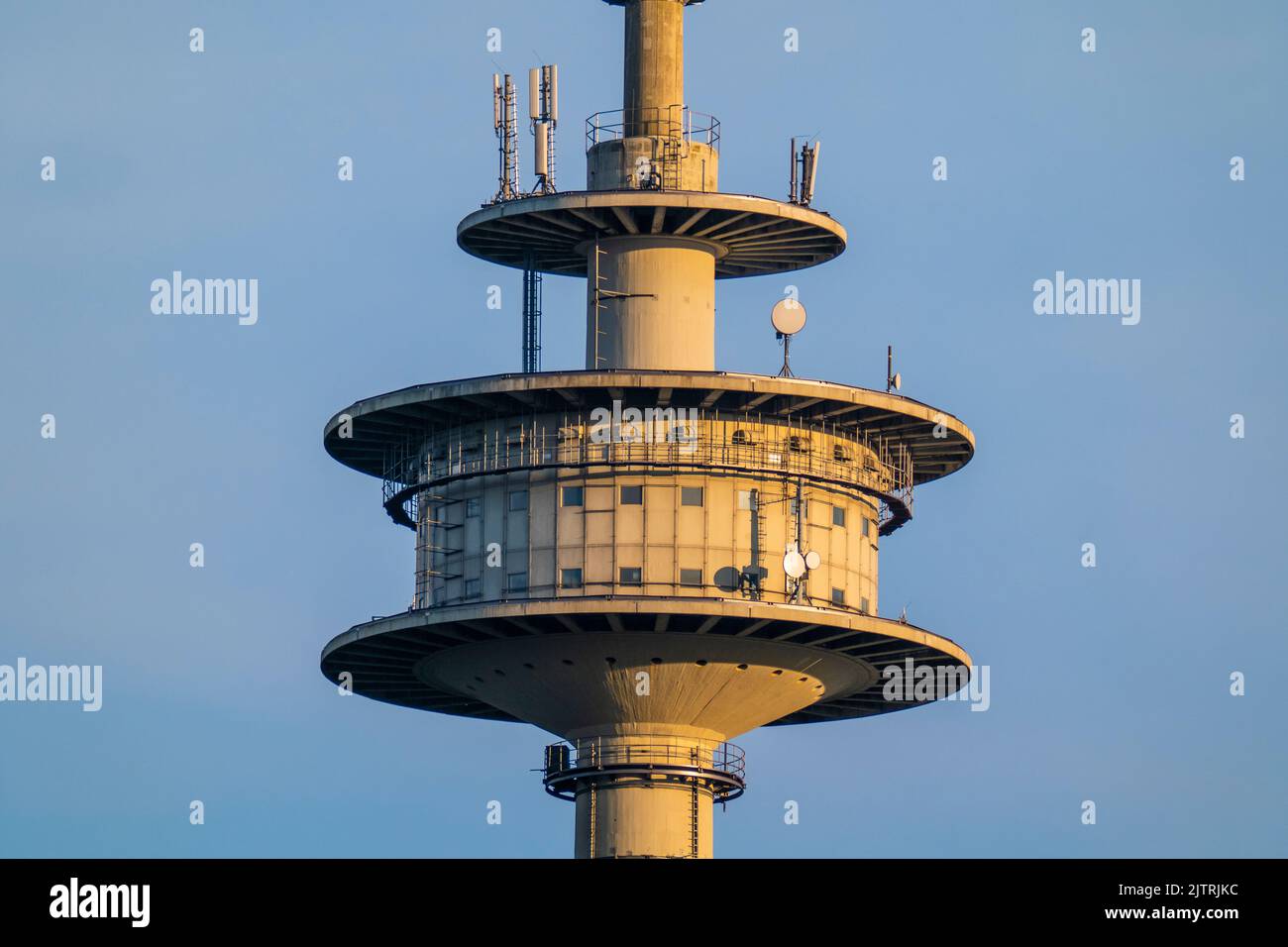 Close-up of the platform of a TV tower in front of a blue sky Stock Photo