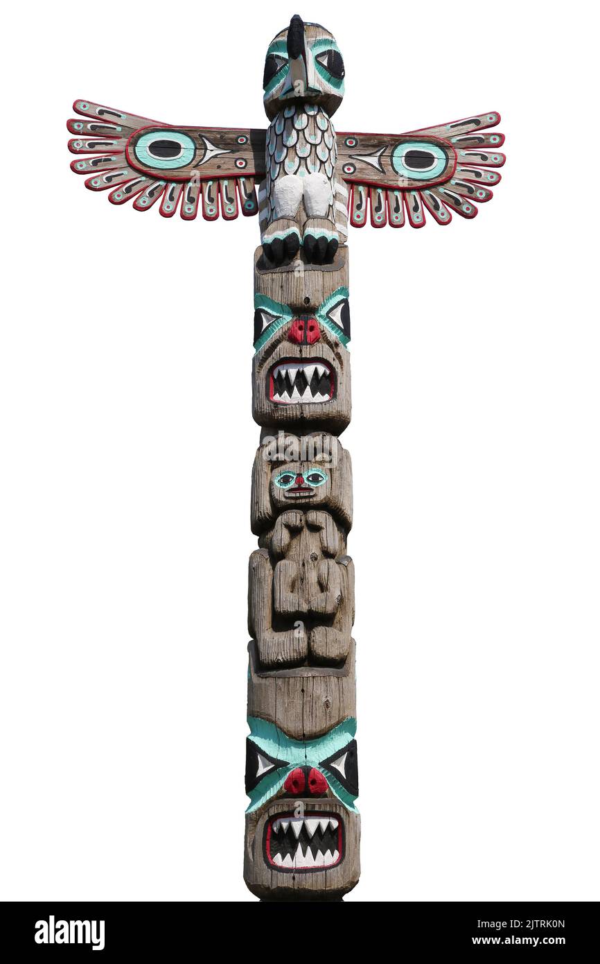 Wooden totem pole of Alaska, cut out Stock Photo