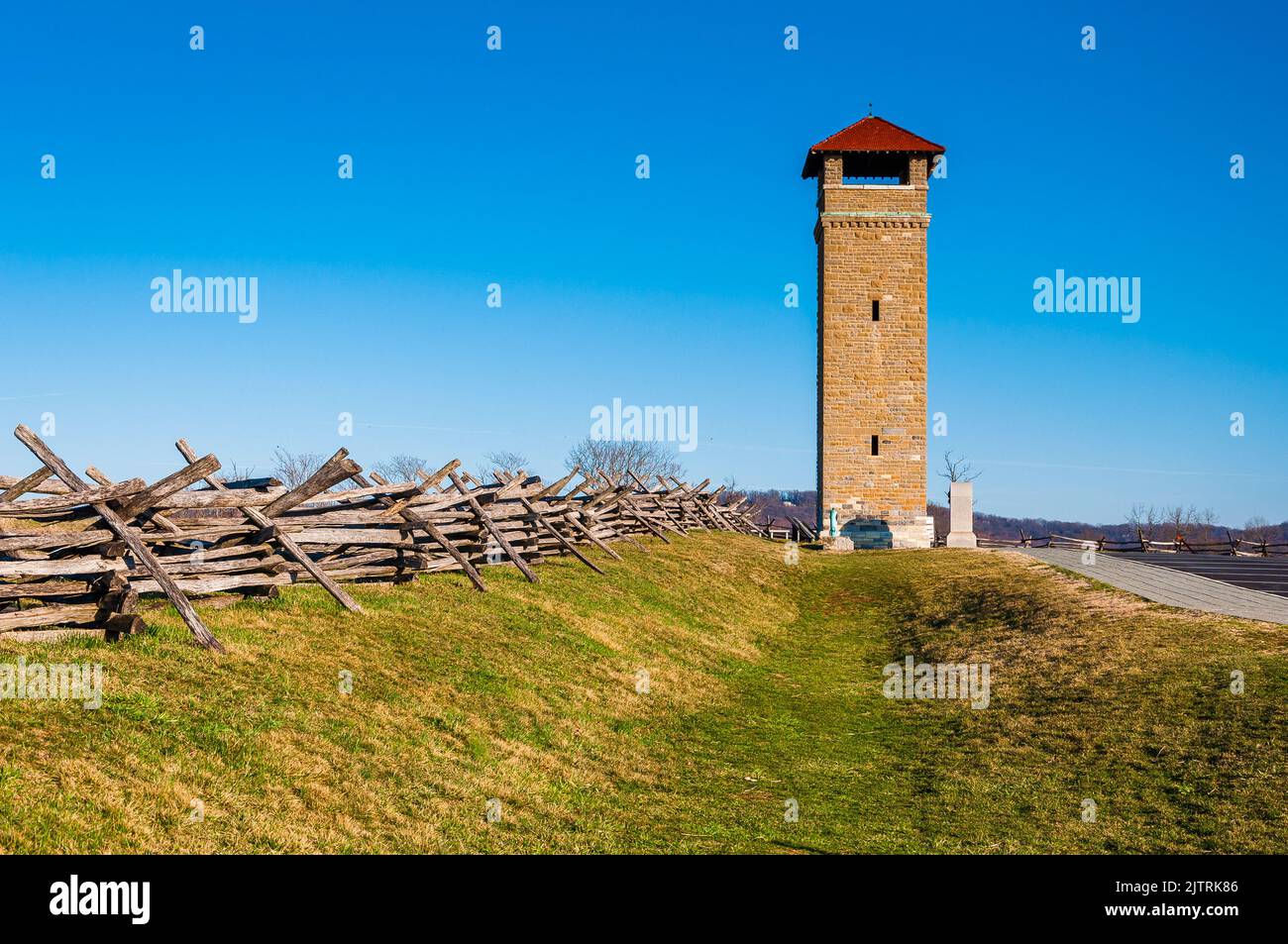Bloody Lane and Observation Tower, Antietam National Battlefield, Maryland USA, Sharpsburg, Maryland Stock Photo