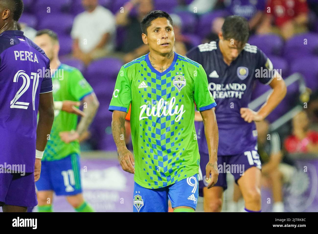 Orlando, Florida, USA, August 31, 2022,Seattle Sounders player Raul Ruidiaz #9 looks at during the second half at Exploria Stadium.  (Photo Credit:  Marty Jean-Louis) Stock Photo