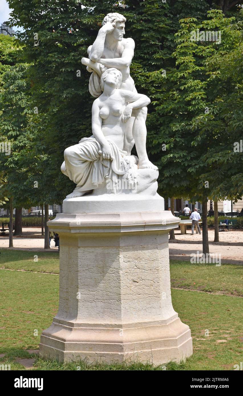 A marble sculpture entitled Le Crepuscule, Twilight.  She holds a sickle & a wheatsheaf. Possibly she is Ceres and they’ve finished work in the fields Stock Photo
