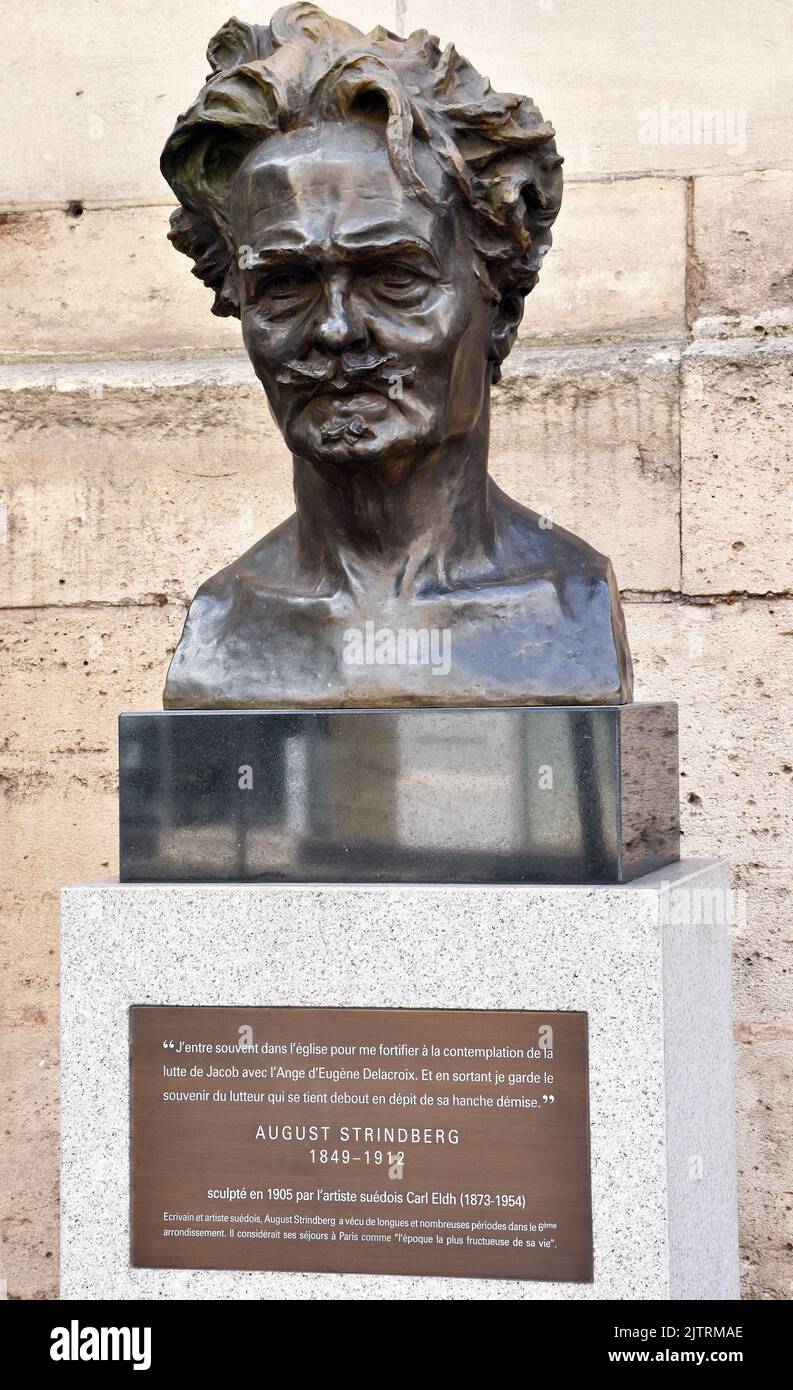 Bronze portrait bust of the Swedish writer August Strindberg, sculpted by his compatriot Carl Eldh in 1905, beside the church of St Sulpice, Paris Stock Photo