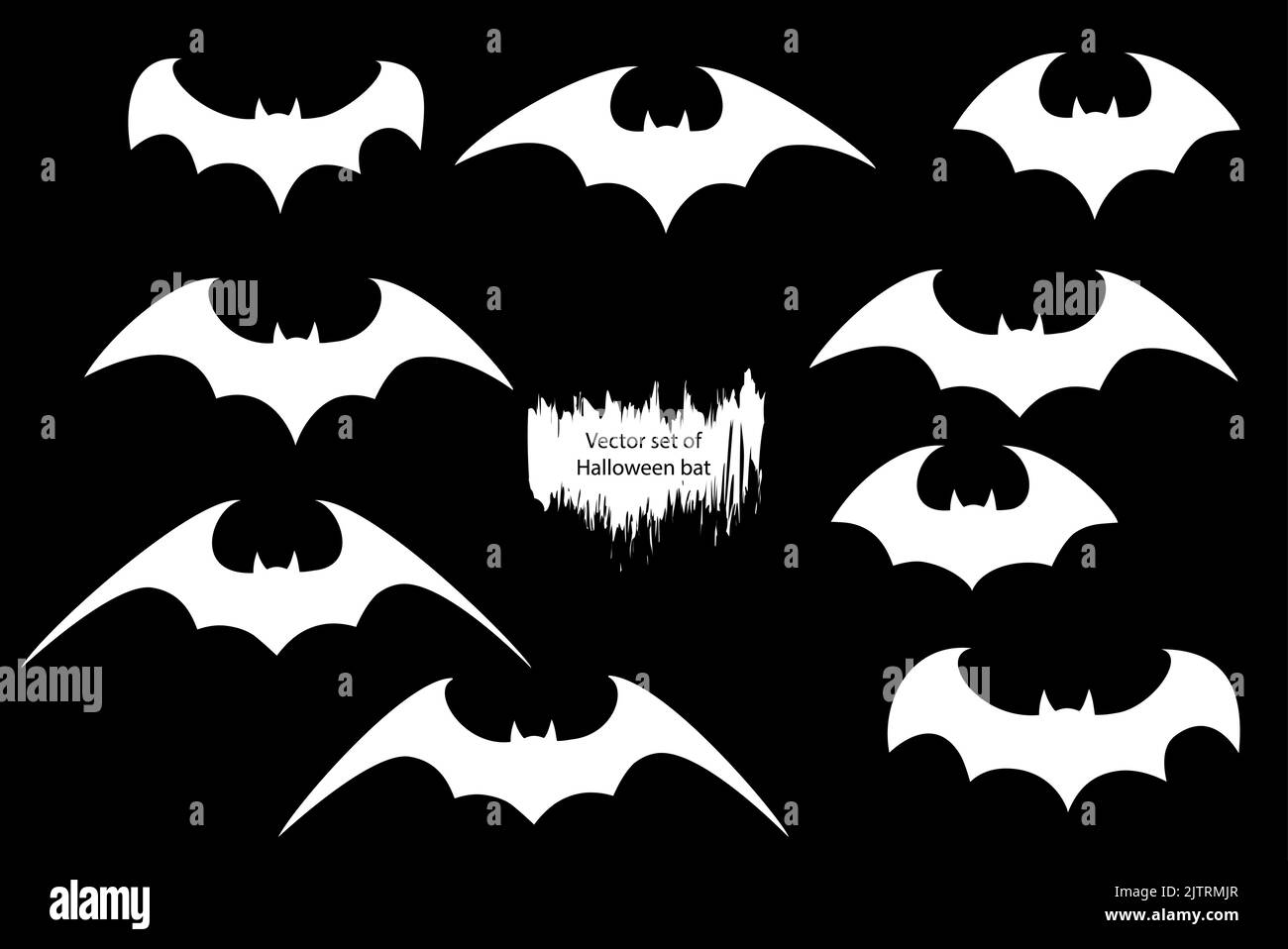 Vector set of different Halloween bats. Halloween flying bats. Vampire vector bat. Dark silhouette of bat flying in a flat style Stock Vector