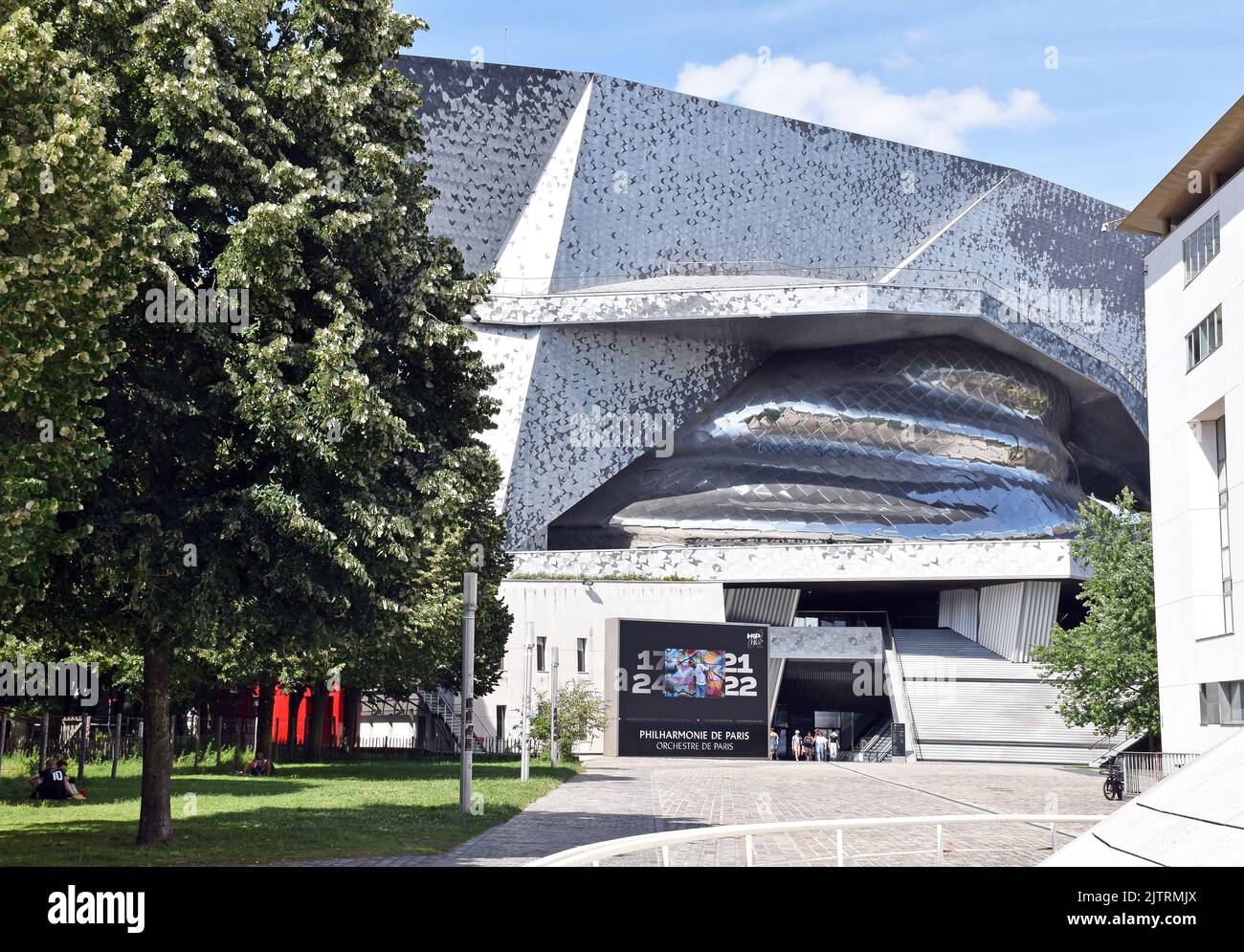 Philharmonie de Paris, a symphony hall & two smaller halls, resembling a small hill, Approach from Parc de la Villette, with grand staircase Stock Photo