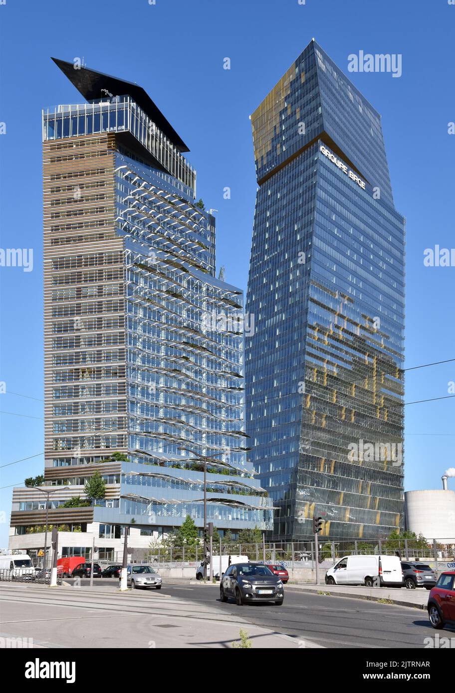 The Tours Duo, twin towers, Paris, a pair of dramatic, leaning skyscrapers, of offices, hotel and shopping, architects Atelier Jean Nouvel, Stock Photo