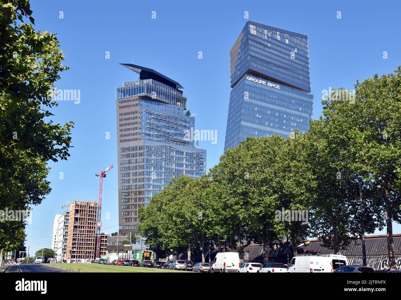 The Tours Duo, twin towers, Paris, a pair of dramatic, leaning skyscrapers, of offices, hotel and shopping, architects Atelier Jean Nouvel, Stock Photo