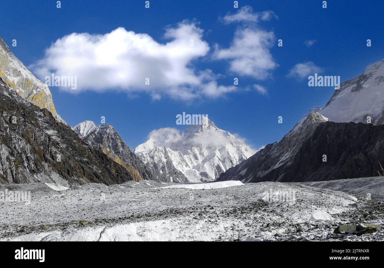 Broader view of the K2 summit, the second highest and most challenging mountain in the world Stock Photo