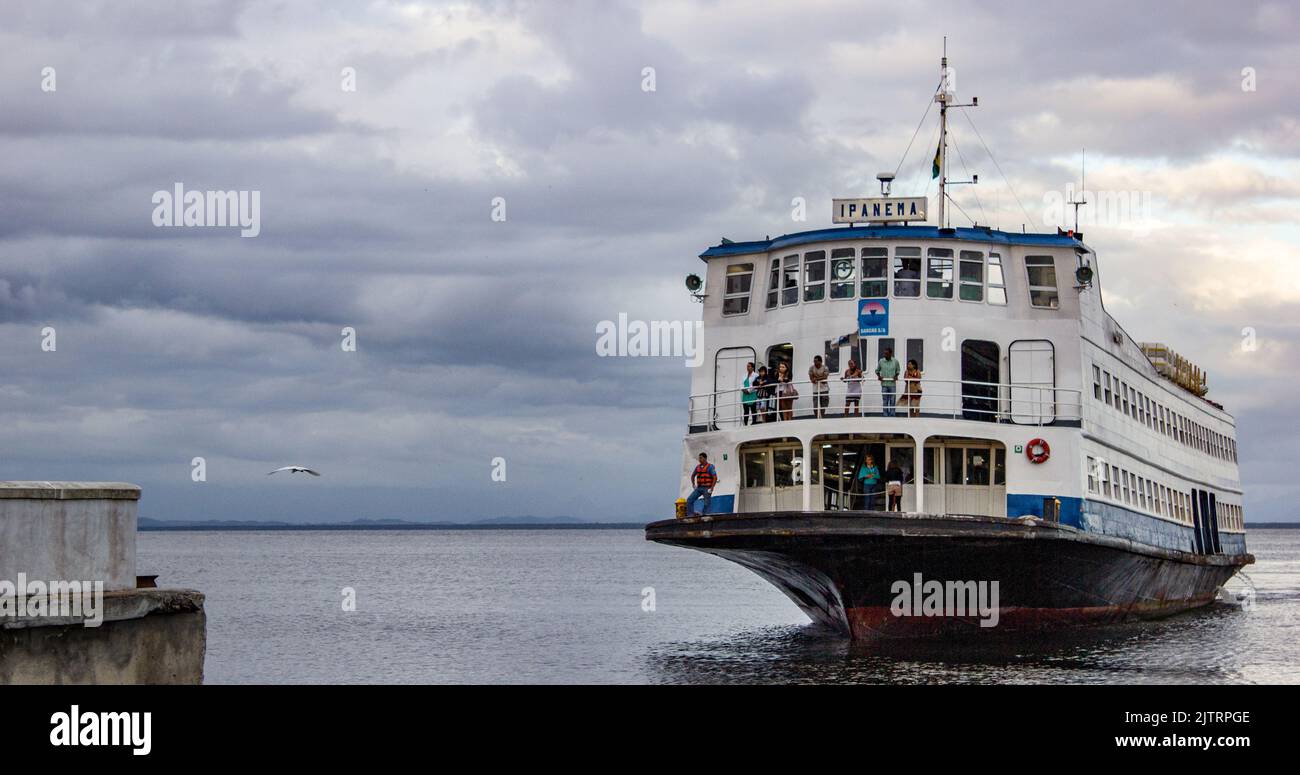 ferry arriving on the island of paqueta in Rio de Janeiro, Brazil - October 14, 2012: classic means of transport that crosses the city of rio de janei Stock Photo