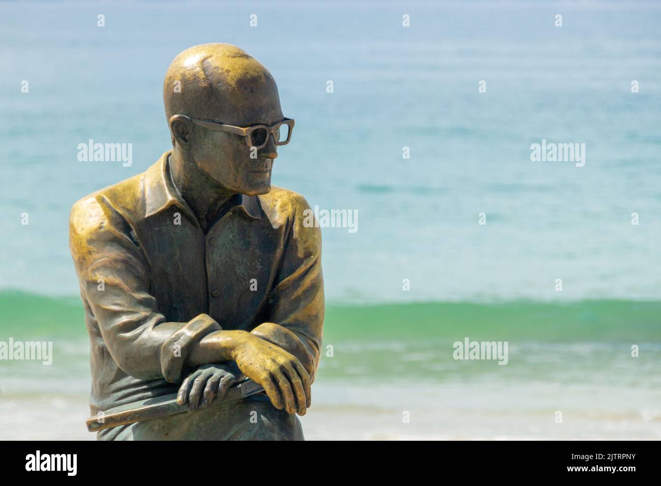 Statue of the poet Carlos Drummond de Andrade in Rio de Janeiro, Brazil - April 19, 2020: Statue of the poet Carlos Drummond de Andrade at Copacabana Stock Photo