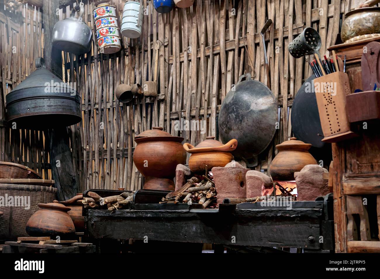 Variety and types of utensils for simple cooking of Asian families in