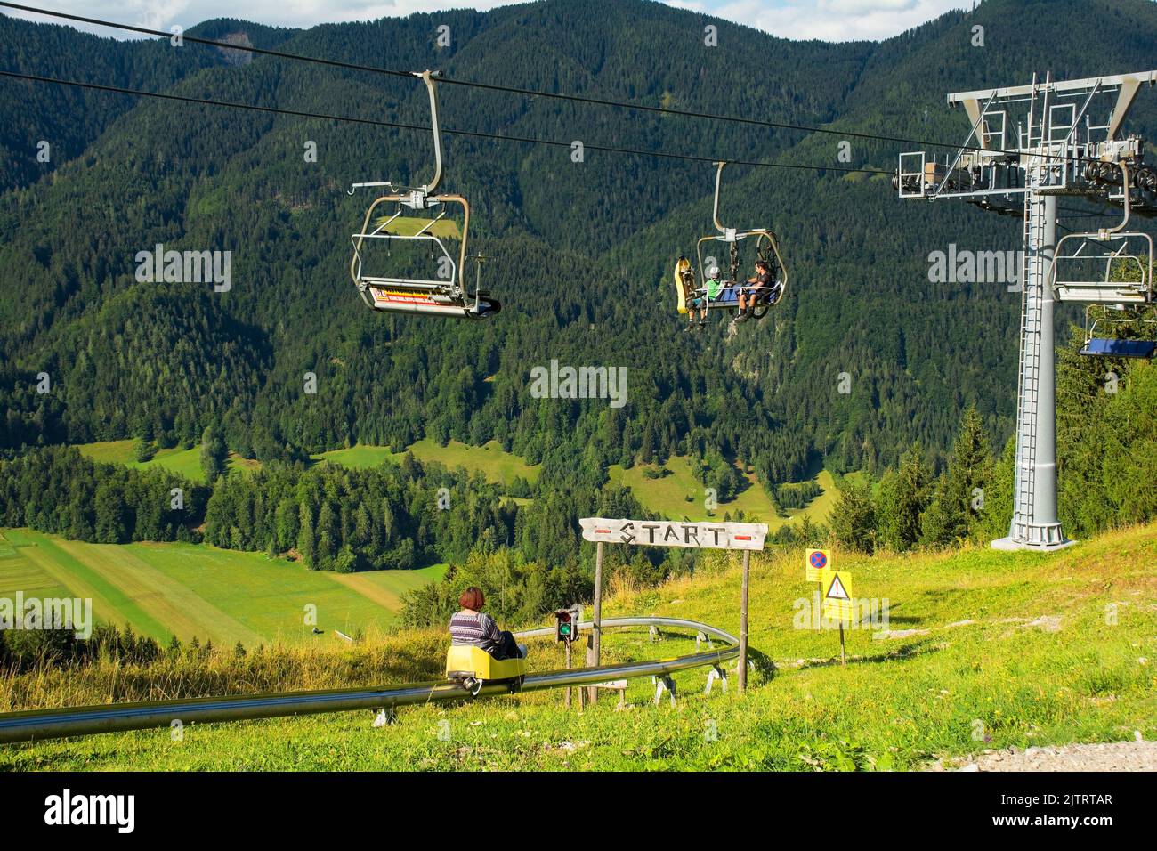 Kranjska Gora, Slovenia August 21st 2022. Tourists enjoy a ski lift
