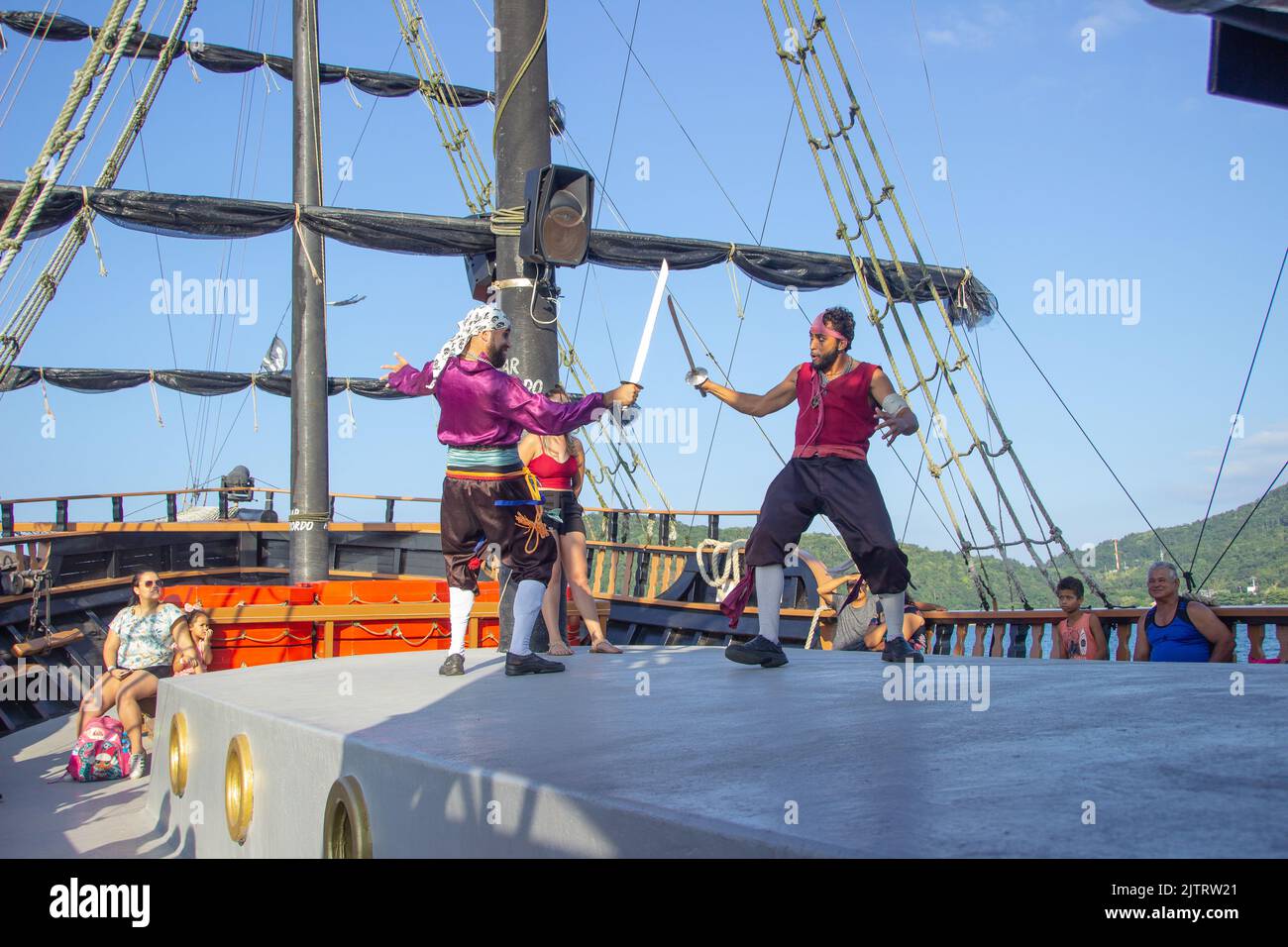 pirate boat from balneario camboriu, santa Catarina, brazil - 02 may 2019: one of the main tours in balneario camboriu is the pirate boat. a show on a Stock Photo