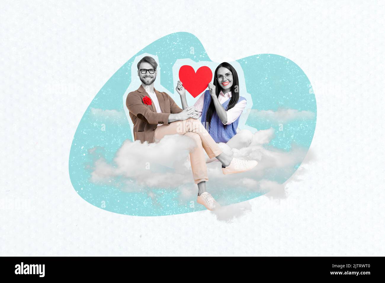 Creative 3d photo artwork graphics collage of married couple boyfriend girlfriend hold big paper