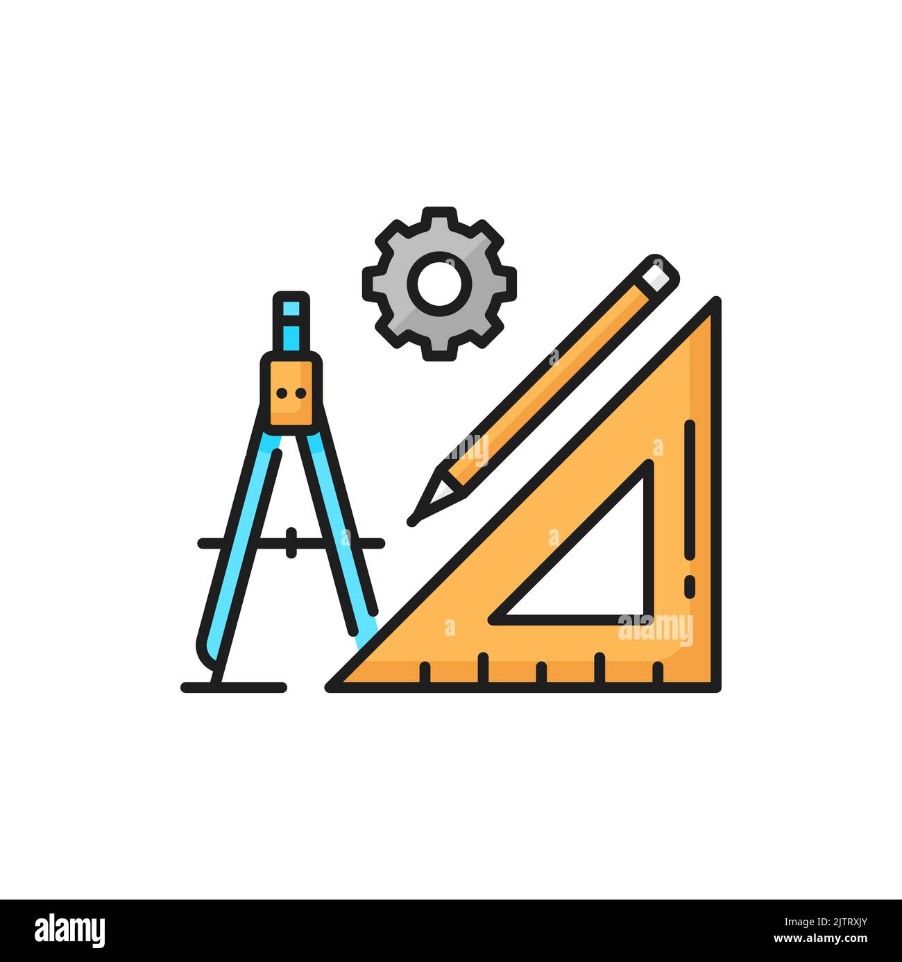 Measure triangle ruler and pencil, compass divider and gear tool