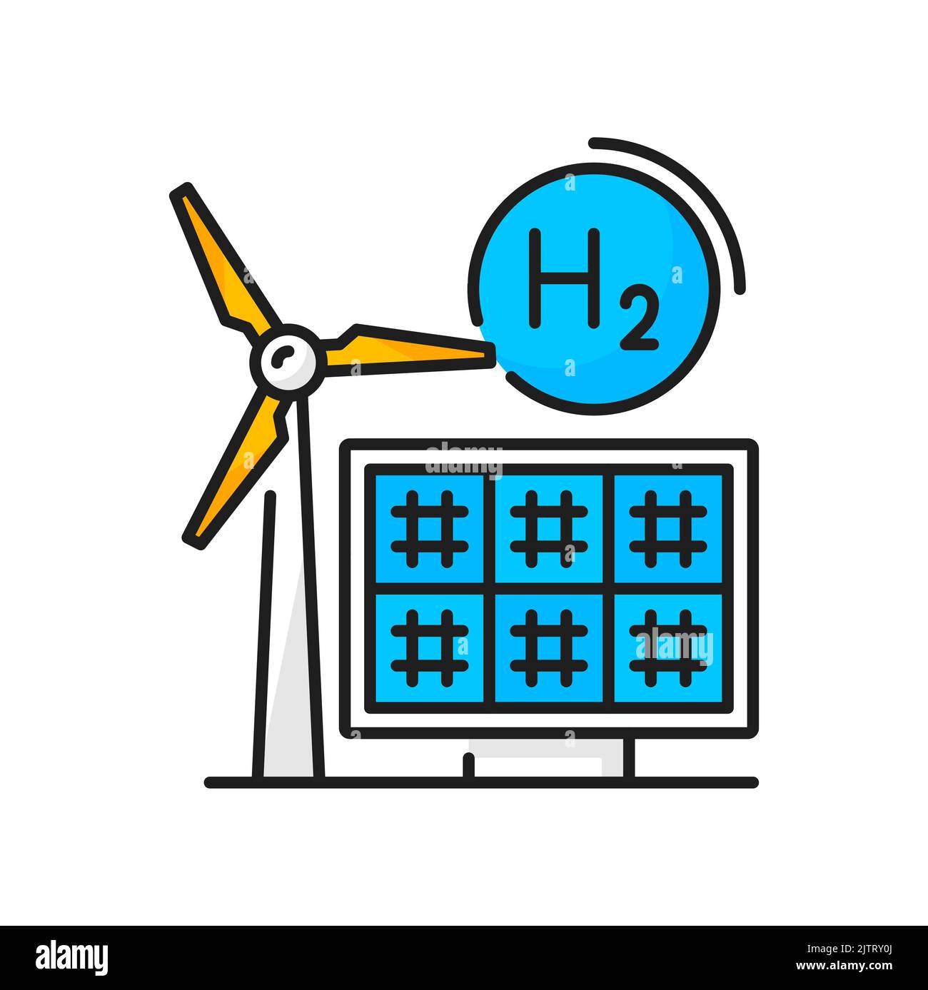 Hydrogen color icon, H2 solar energy and windmill electric power