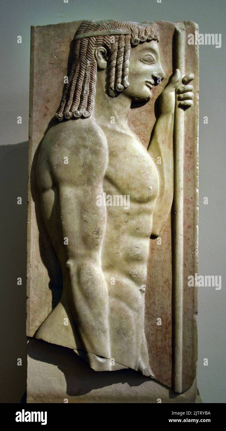 The marble grave stele of Aristion, work of Aristokles, found at Velanideza, Attica ca. 510 BC National Archaeological Museum in Athens. Stock Photo