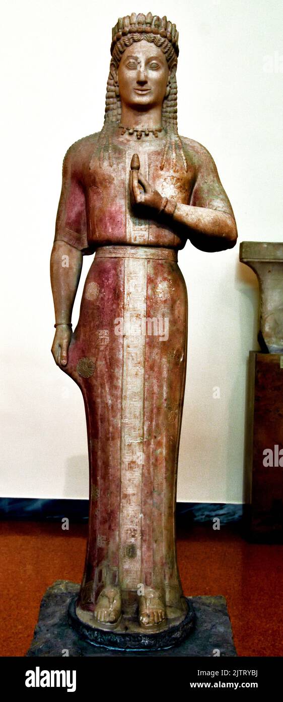 Funerary Statue of a woman, known as a Kore, Grave of Phrasikleia at Merenda, Ancient Myrrhinous, Archaic period, 550-540 BC National Archaeological Museum in Athens. Stock Photo