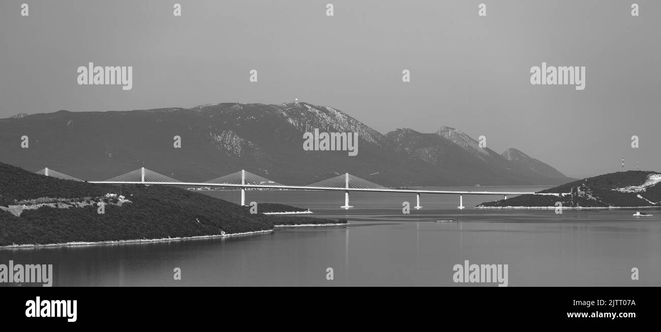 DUBROVNIK-NERETVA COUNTY, CROATIA, EUROPE - The Peljesac Bridge, crossing Bay of Mali Ston, and linking Croatia and bypassing Bosnia and Herzogovina. Stock Photo