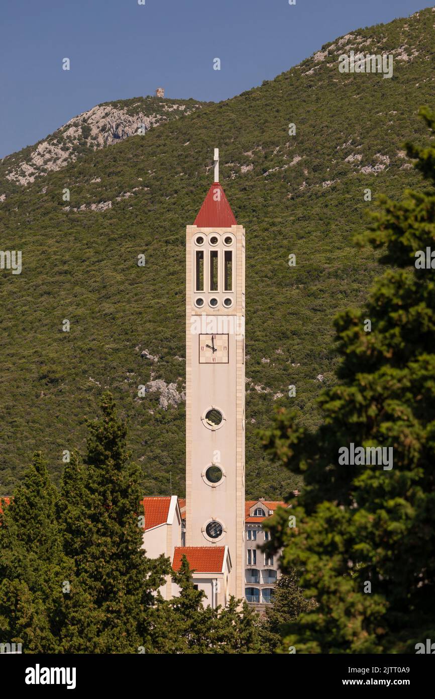 NEUM, BOSNIA & HERZOGOVINA, EUROPE - Clocktower in Neum, a town in the Herzogovina-Neretva Canton, on the Adriatic coast. Stock Photo