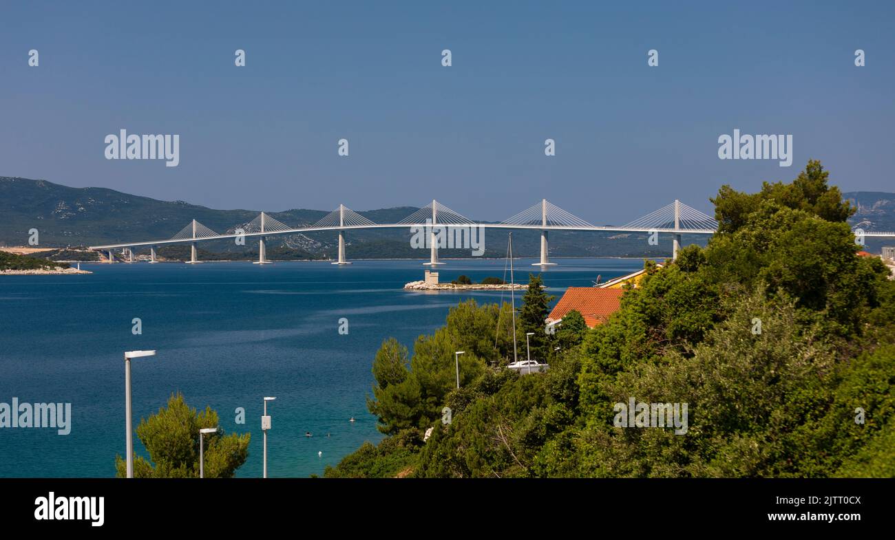 DUBROVNIK-NERETVA COUNTY, CROATIA, EUROPE - The Peljesac Bridge, crossing Bay of Mali Ston, and linking Croatia and bypassing Bosnia and Herzogovina. Stock Photo