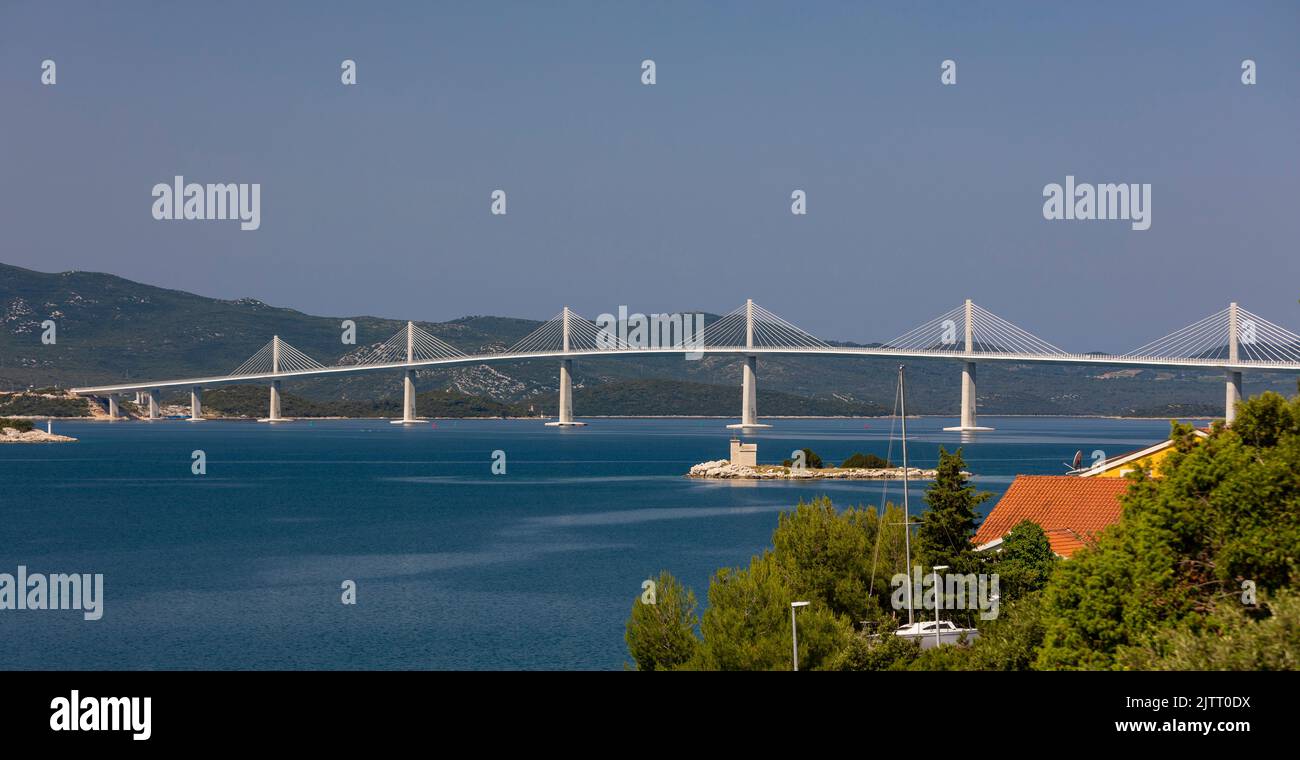 DUBROVNIK-NERETVA COUNTY, CROATIA, EUROPE - The Peljesac Bridge, crossing Bay of Mali Ston, and linking Croatia and bypassing Bosnia and Herzogovina. Stock Photo