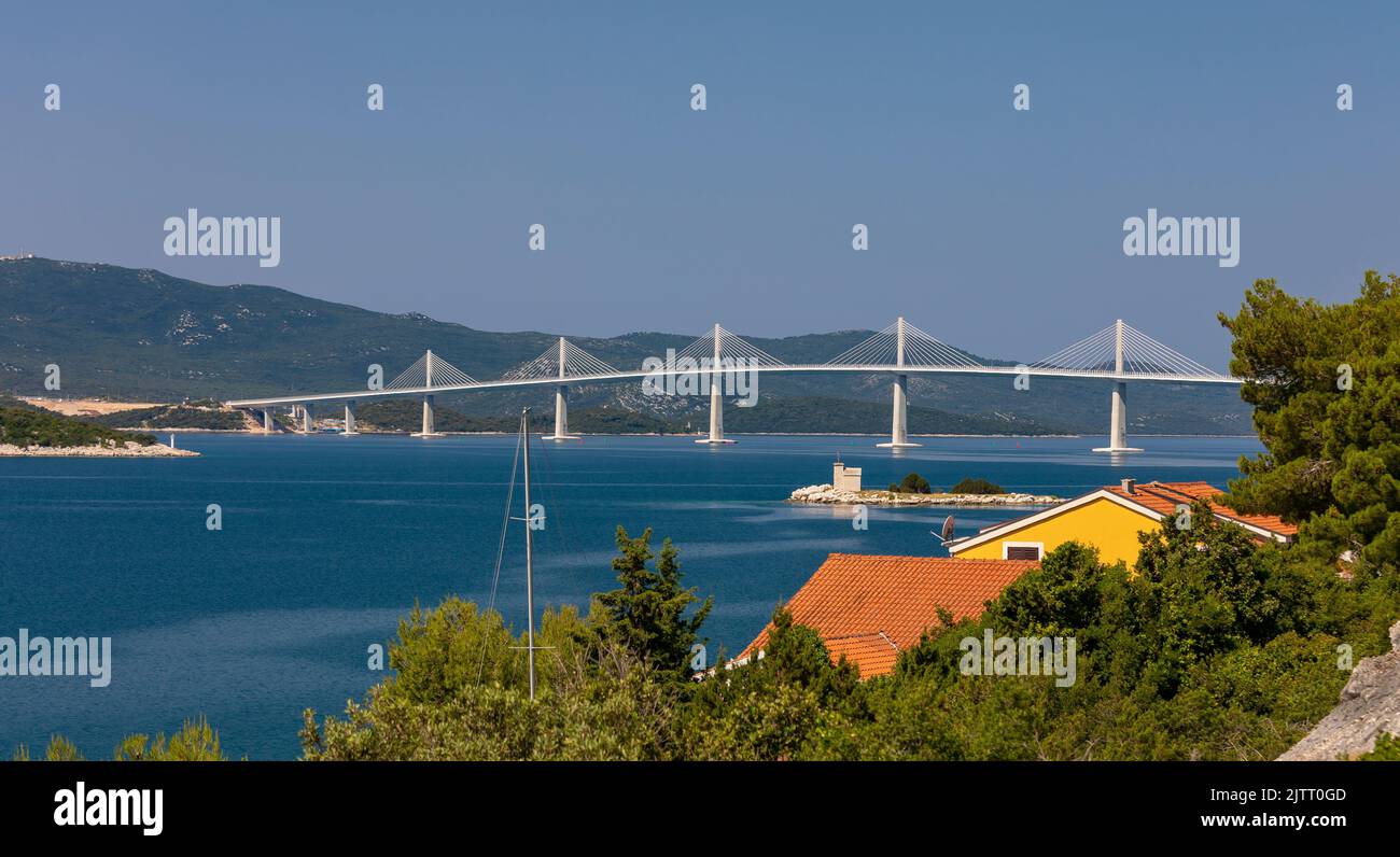 DUBROVNIK-NERETVA COUNTY, CROATIA, EUROPE - The Peljesac Bridge, crossing Bay of Mali Ston, and linking Croatia and bypassing Bosnia and Herzogovina. Stock Photo