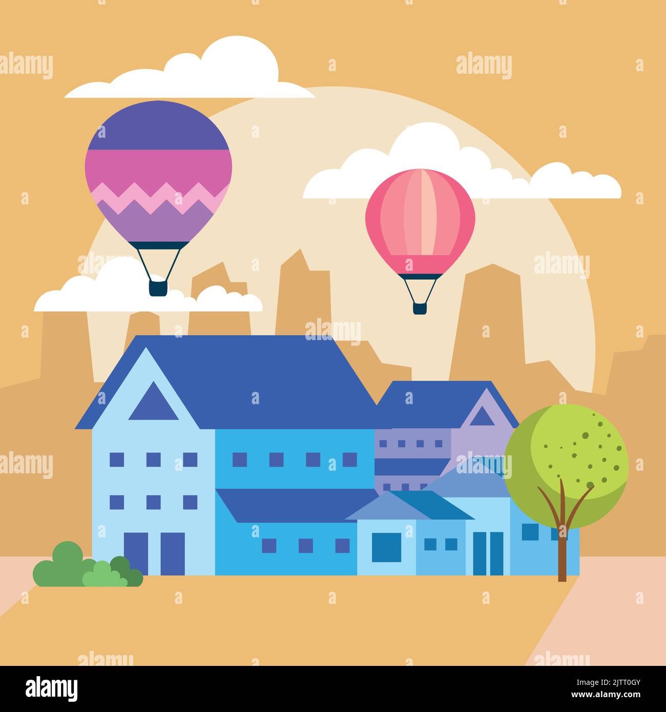 blue houses and balloons air hot Stock Vector Image & Art - Alamy