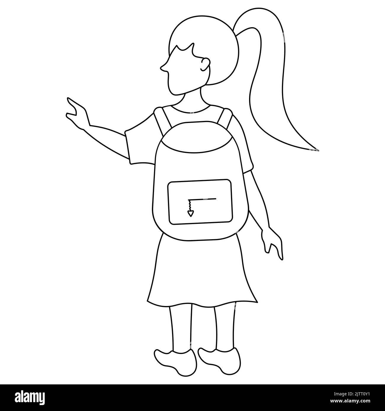 A schoolgirl with a backpack for textbooks waves her hand to someone. Sketch. Vector illustration. Girl with ponytail view from the back. Doodle style Stock Vector