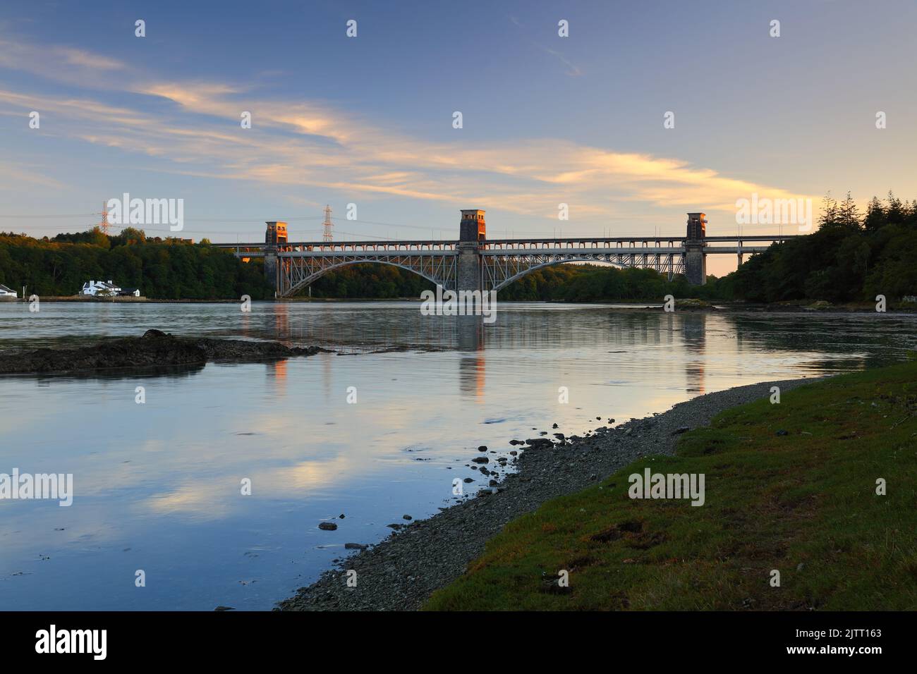 The Britannia Bridge spanning across the Menai Strait between Mainland Wales and Anglesey. UK. Stock Photo