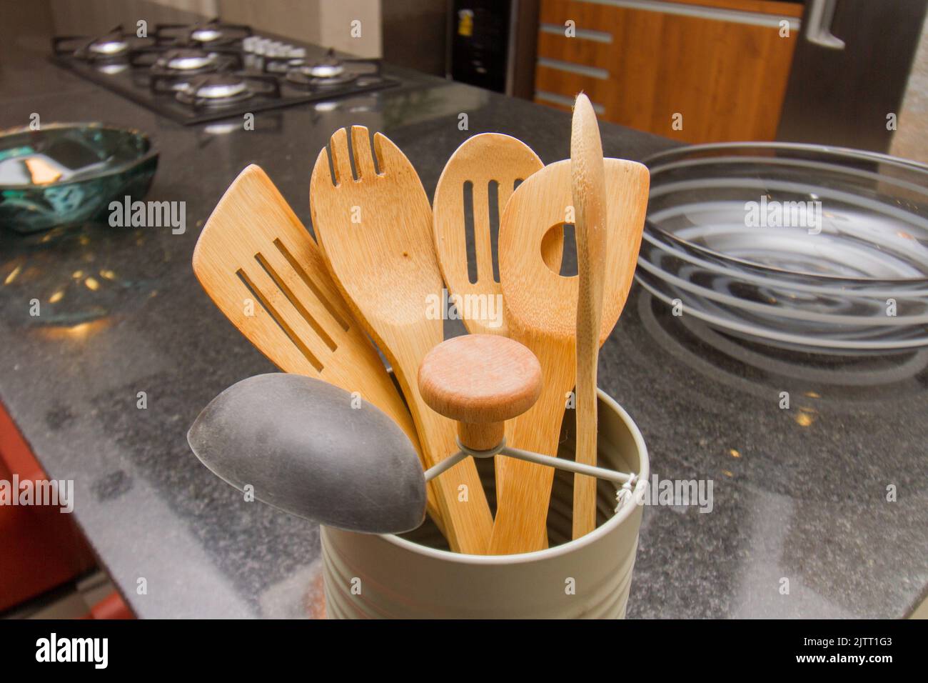 wooden cutlery on a beautiful kitchen counter in Rio de Janeiro. Stock Photo