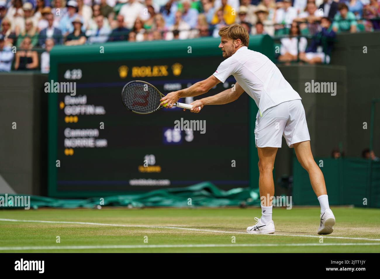 David Goffin of Belgium in action on No.1 Court at The Championships 2022. Held at The All England Lawn Tennis Club, Wimbledon. Stock Photo