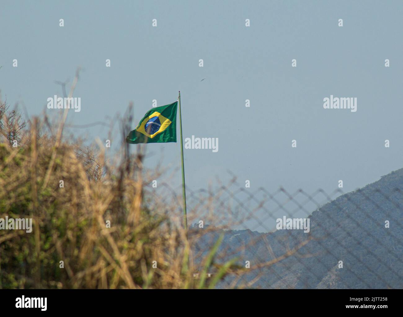 Brazil flag outdoors in Rio de Janeiro. Stock Photo
