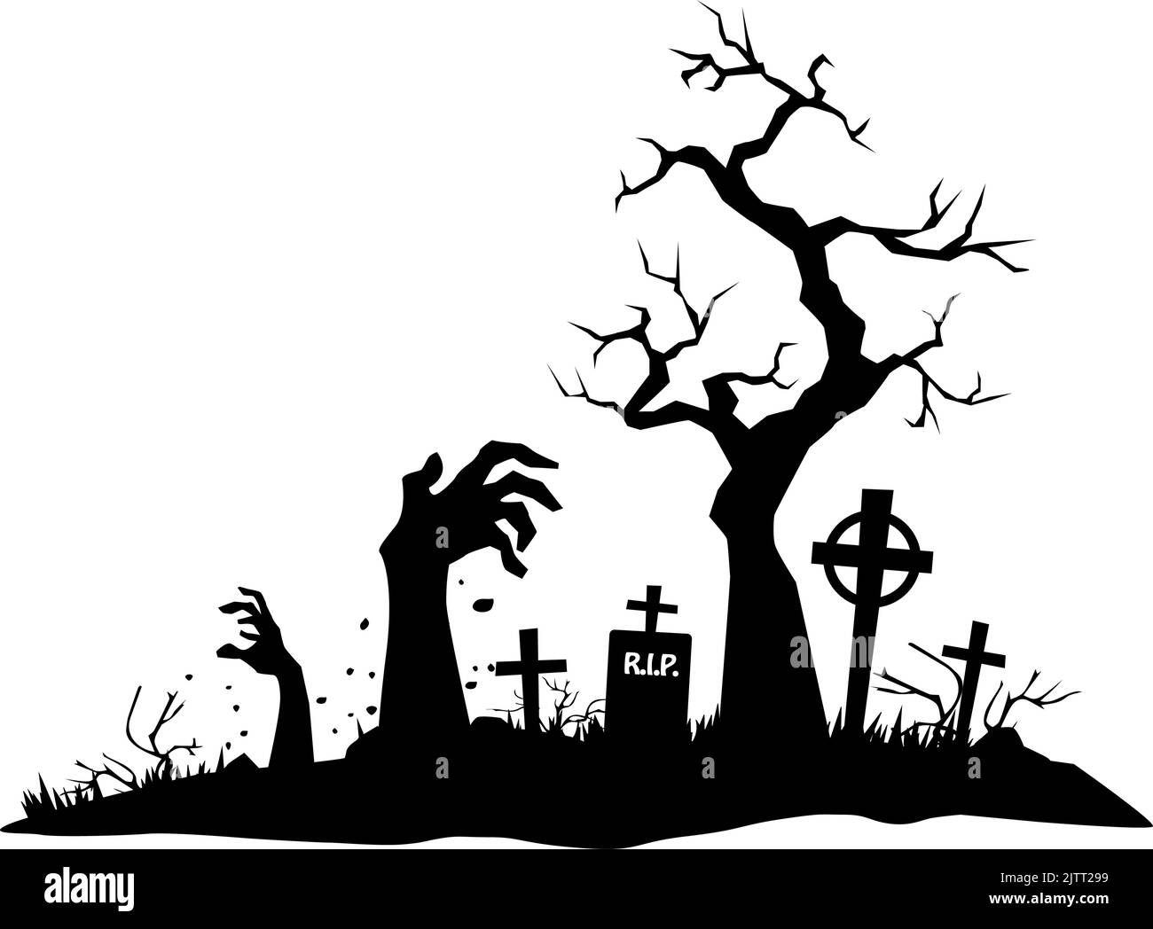 Halloween black element. Ñemetery landscape with dead hands from graves. Vector on transparent background Stock Vector