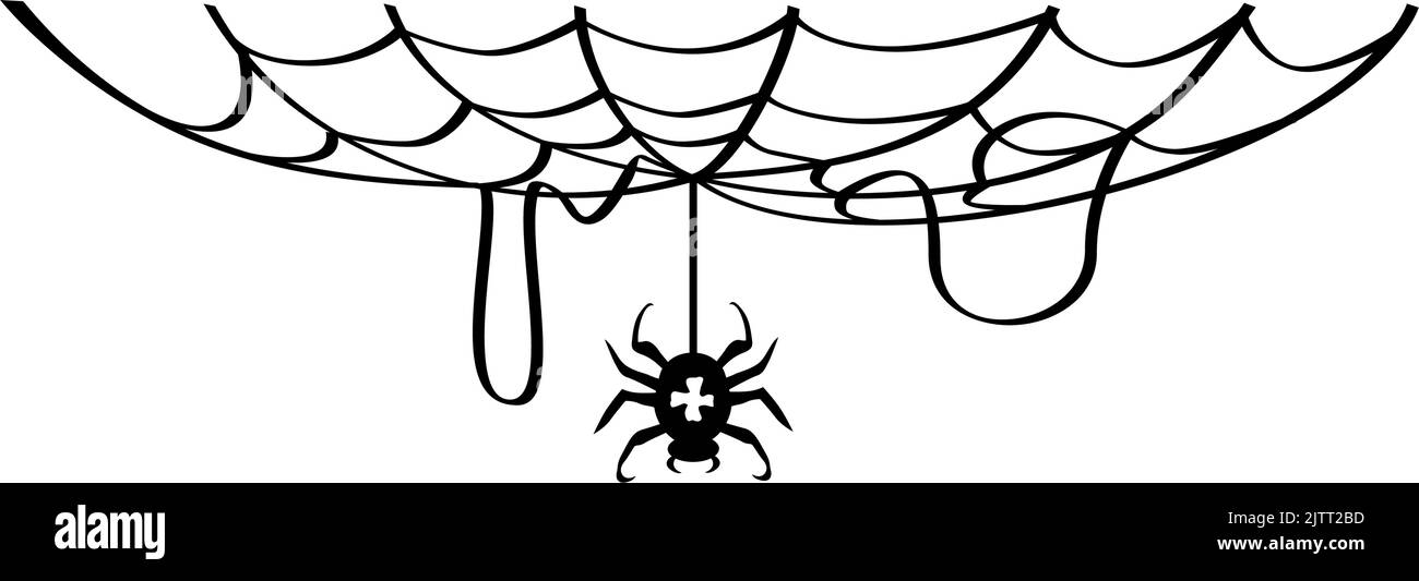 Halloween Black element. Spider hangs down from the web. Vector on transparent background Stock Vector