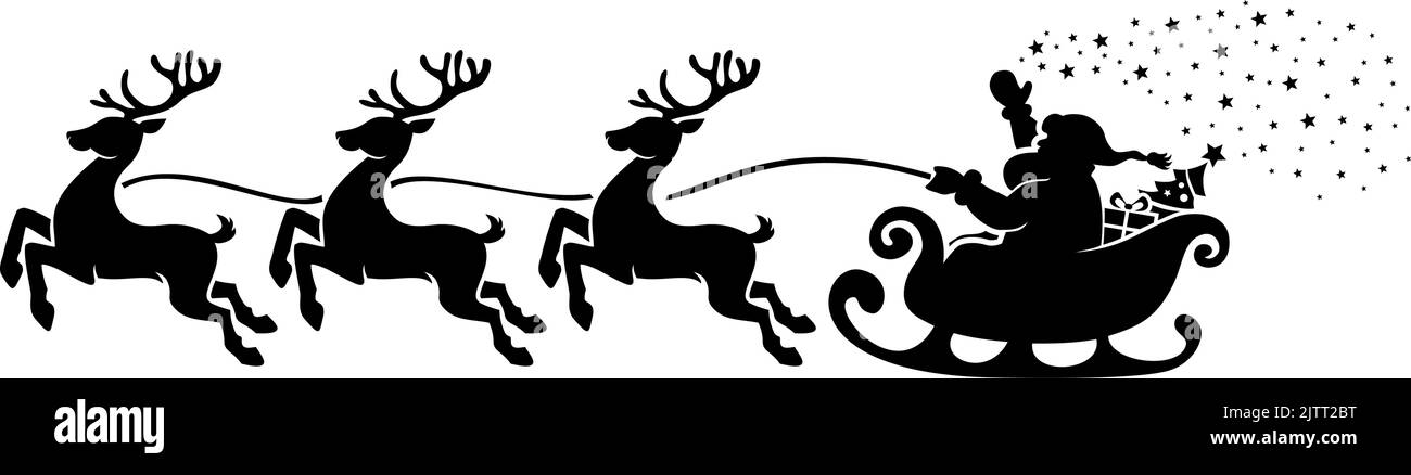 Santa Claus silhouette scatter the stars in sleigh full of gifts with reindeers . Merry christmas and Happy new year decoration. Vector on transparent Stock Vector