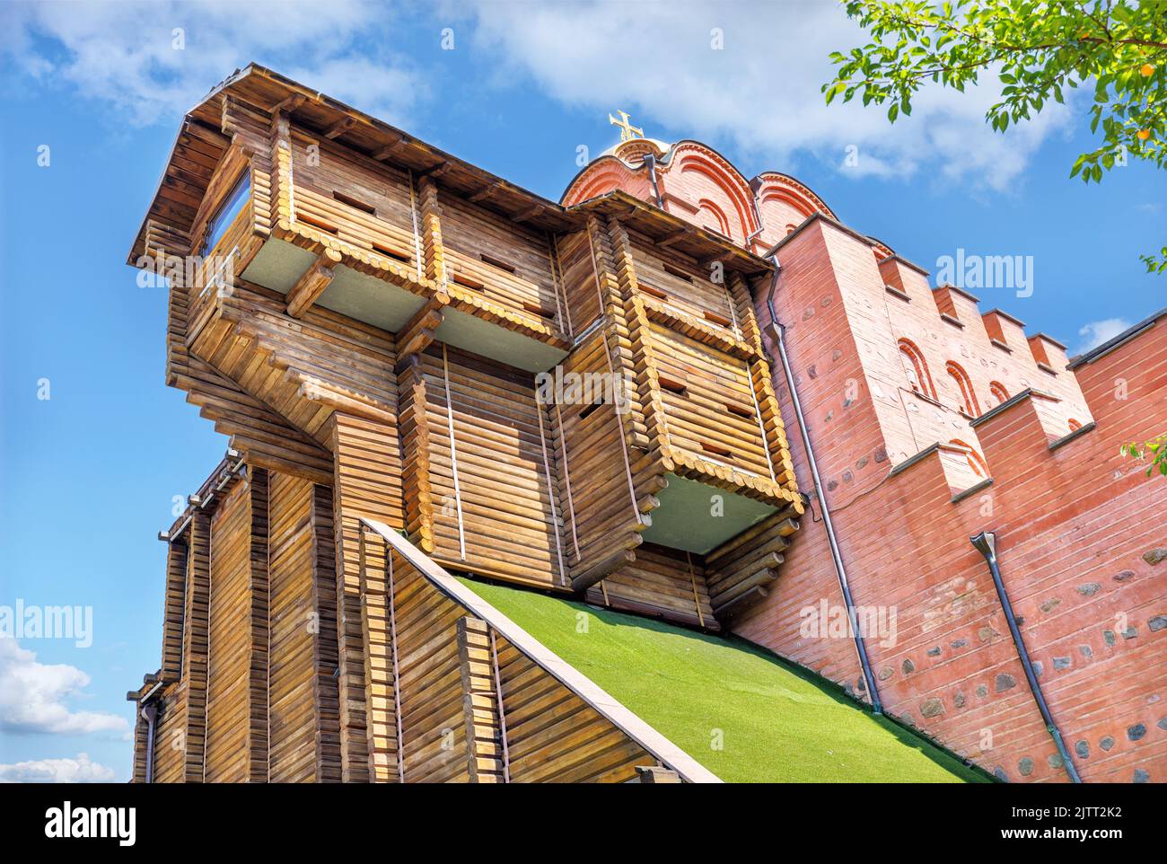 The majestic walls of the reconstructed building of the ancient Golden Gate in the center of Kyiv on a summer day. August 21, 2022 Kyiv, Ukraine. Stock Photo