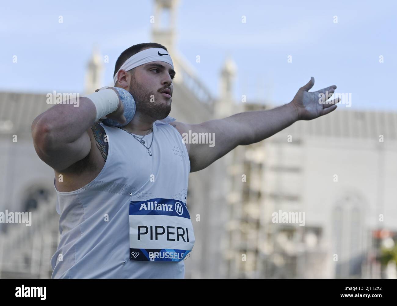 US' Adrian Piperi pictured in action during the shot put competition on the eve of the Memorial Van Damme Diamond League meeting athletics event, in Brussels, Thursday 01 September 2022. The Diamond League meeting takes place on 02 September. BELGA PHOTO ERIC LALMAND Stock Photo