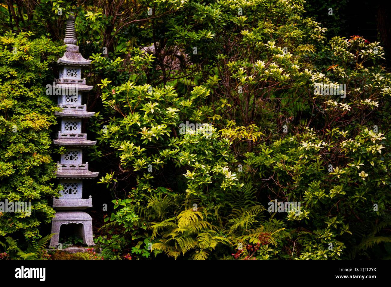 Stone lanterns in the Japanese Garden at Powerscourt Garden in County Wicklow, Ireland. Stock Photo