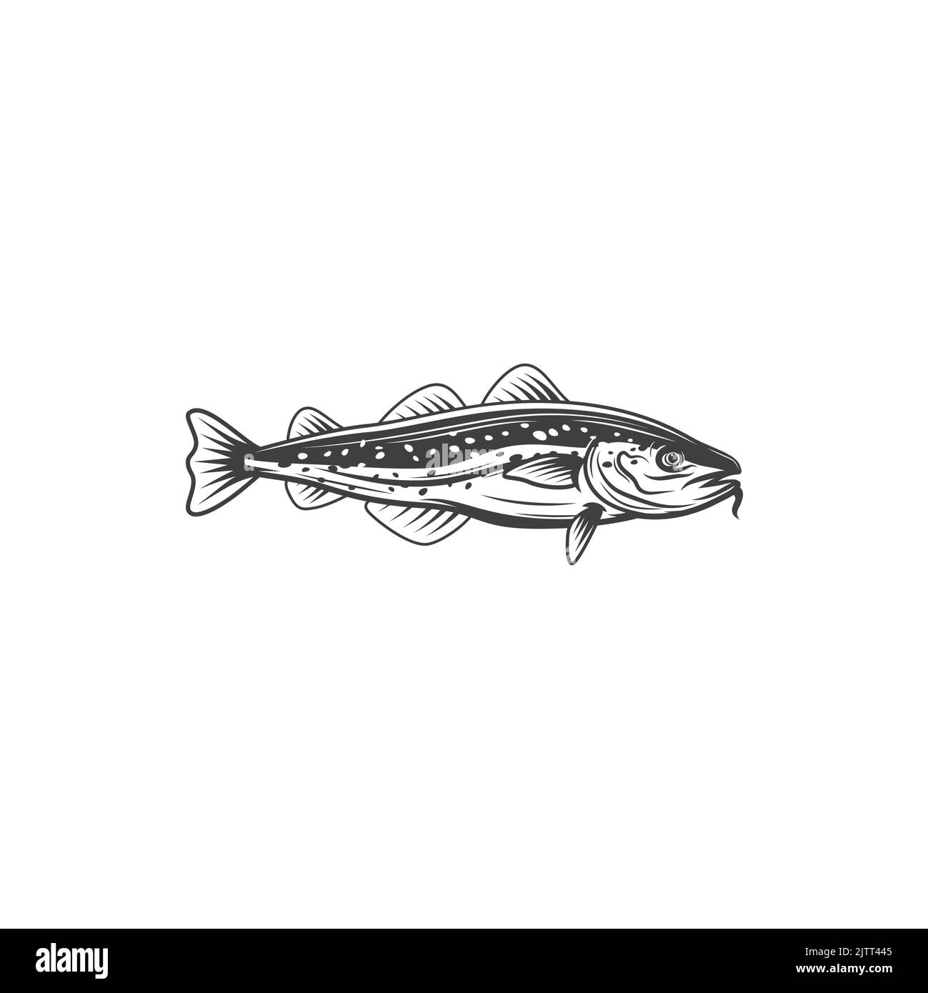 Horse mackerel with flounders, mackerel fishing sport emblem isolated monochrome icon. Vector aquatic animal, atlantic tuna bluefish trophy mascot. Sc Stock Vector