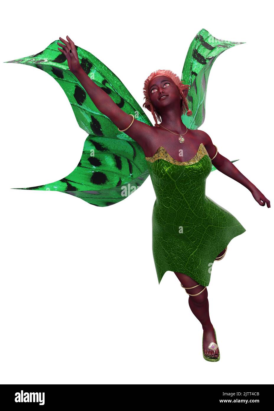 Fantasy fairy with red hair and skin, green wings and dress, 3D ...