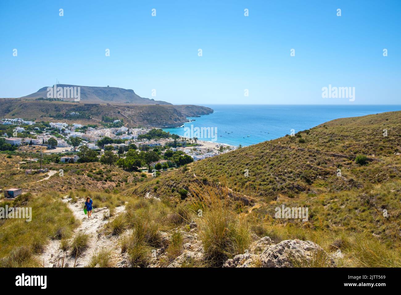 Agua Amarga village, from top of mountain, in Gata Cape Natural Park (Cabo de Gata in Spanish), wild and beautiful famous destination, in Almeria (And Stock Photo
