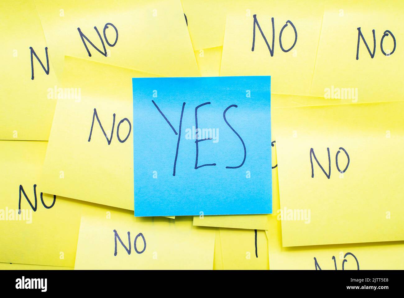 Conceptual motivational and positivity image. The word 'YES' is handwritten in a note surrounded by different colored notes with the word 'no' Stock Photo
