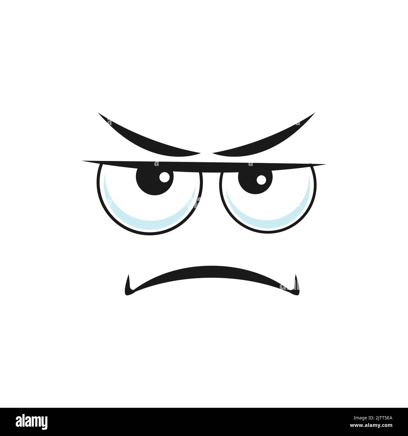 Cartoon face, vector displeased emoji with squinted eyes look sullenly and closed mouth with corners curved down. Negative facial expression, sullen feelings isolated on white background Stock Vector
