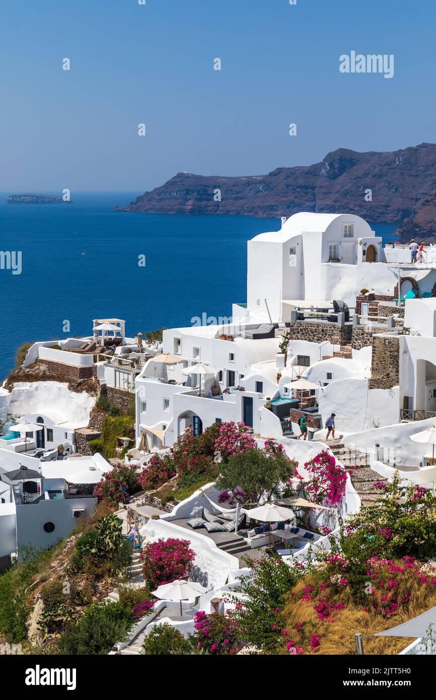 Picturesque whitewashed hotels and suites situated on the caldera with colourful flowers and views of the Aegean Sea, Oia, Santorini, Greece, Europe Stock Photo