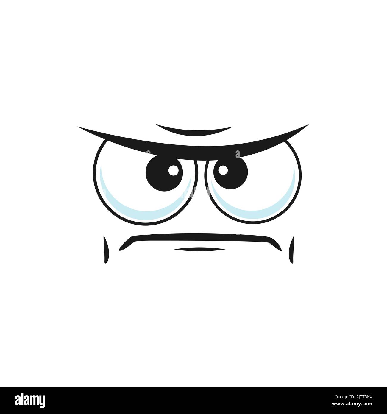 Displeased cartoon face, vector emoji with squinted eyes look sullenly and closed mouth with corners curved down. Negative facial expression, sullen f Stock Vector