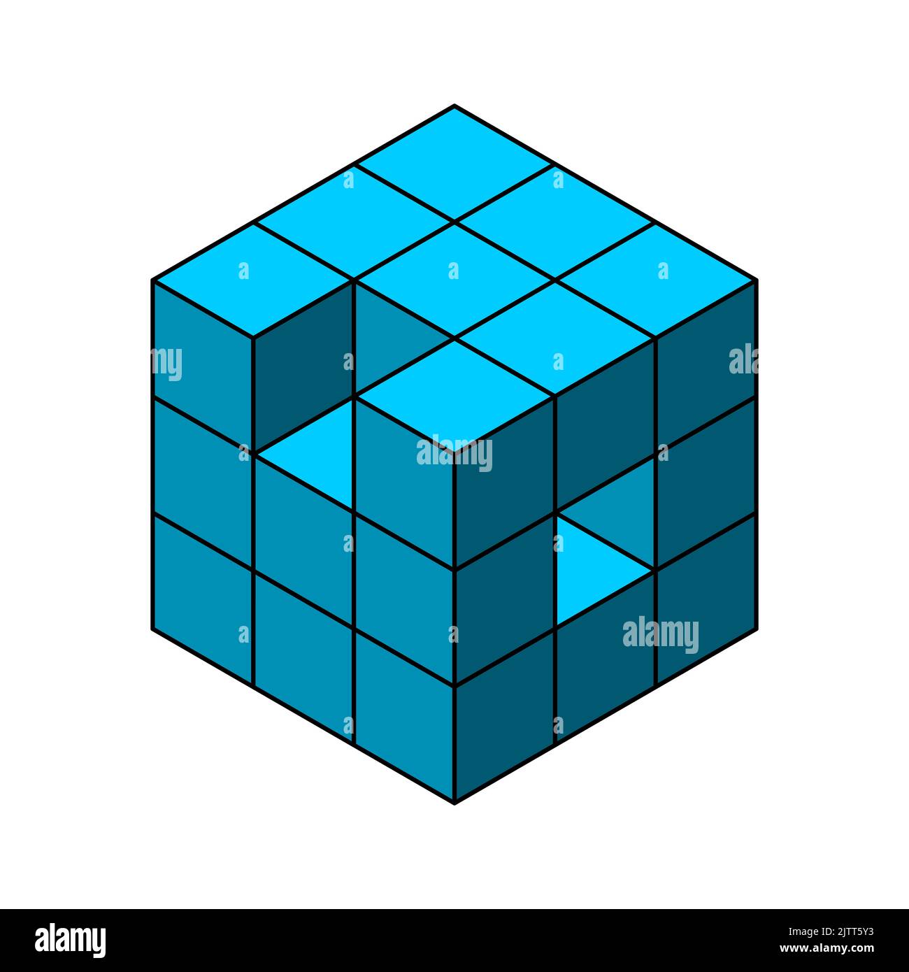 3D cube with outline. Missing piece concept. Geometric object made of boxes with two elements detached. Logic puzzle game. Problem solving concept. Stock Vector